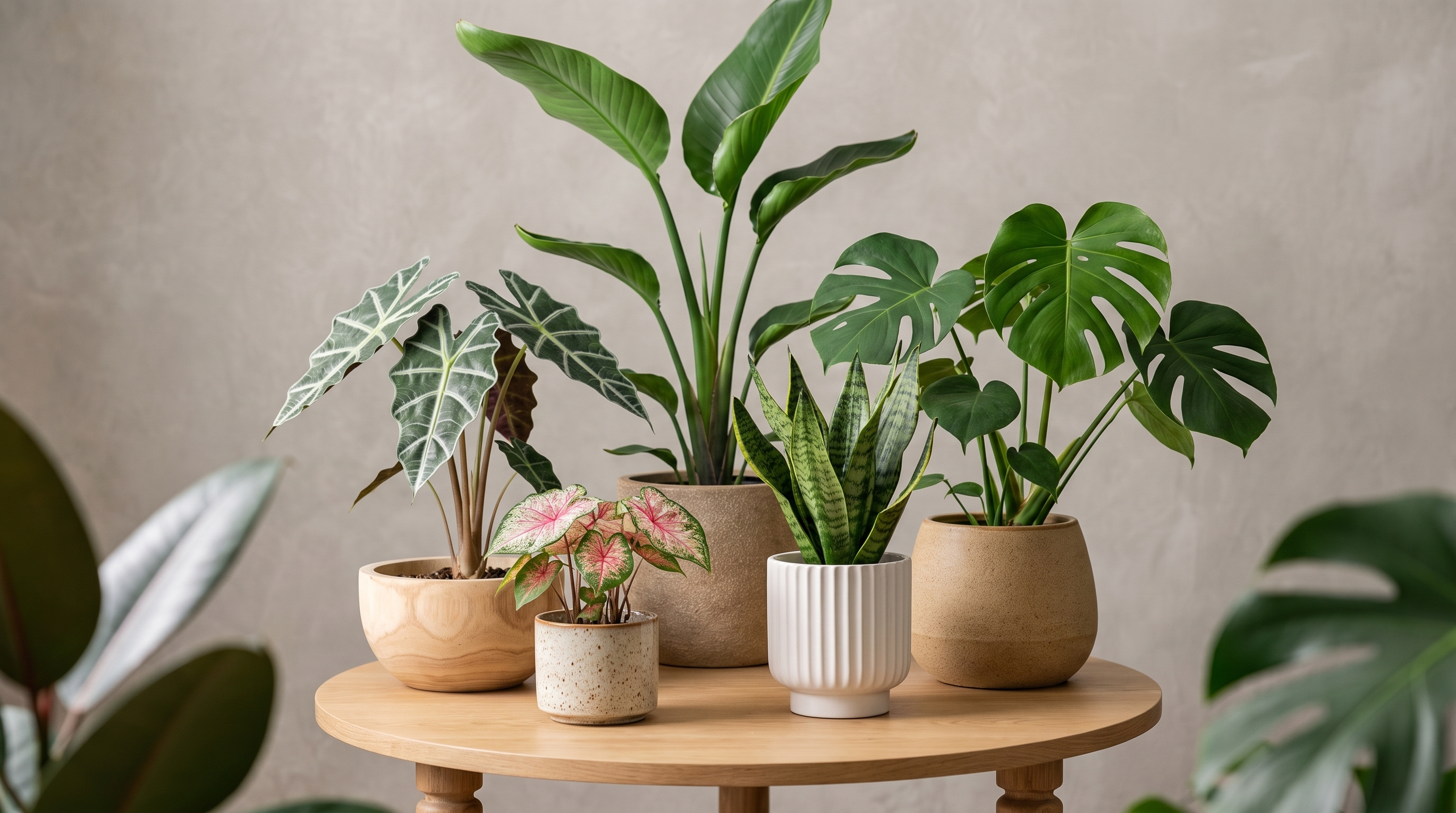 Assorted potted houseplants on a wooden table