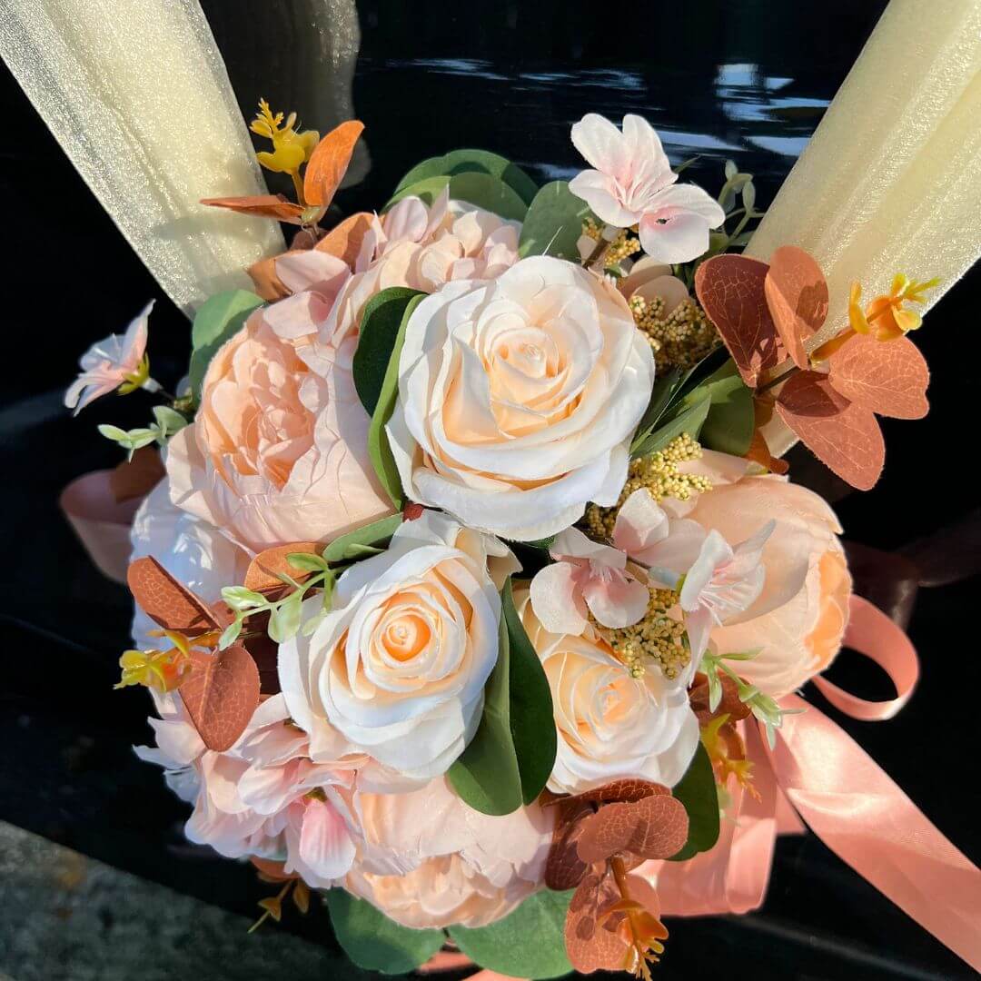 Bridal Bouquet on Wheels - Close up Rear - Wedding car flower Decoration Flowers