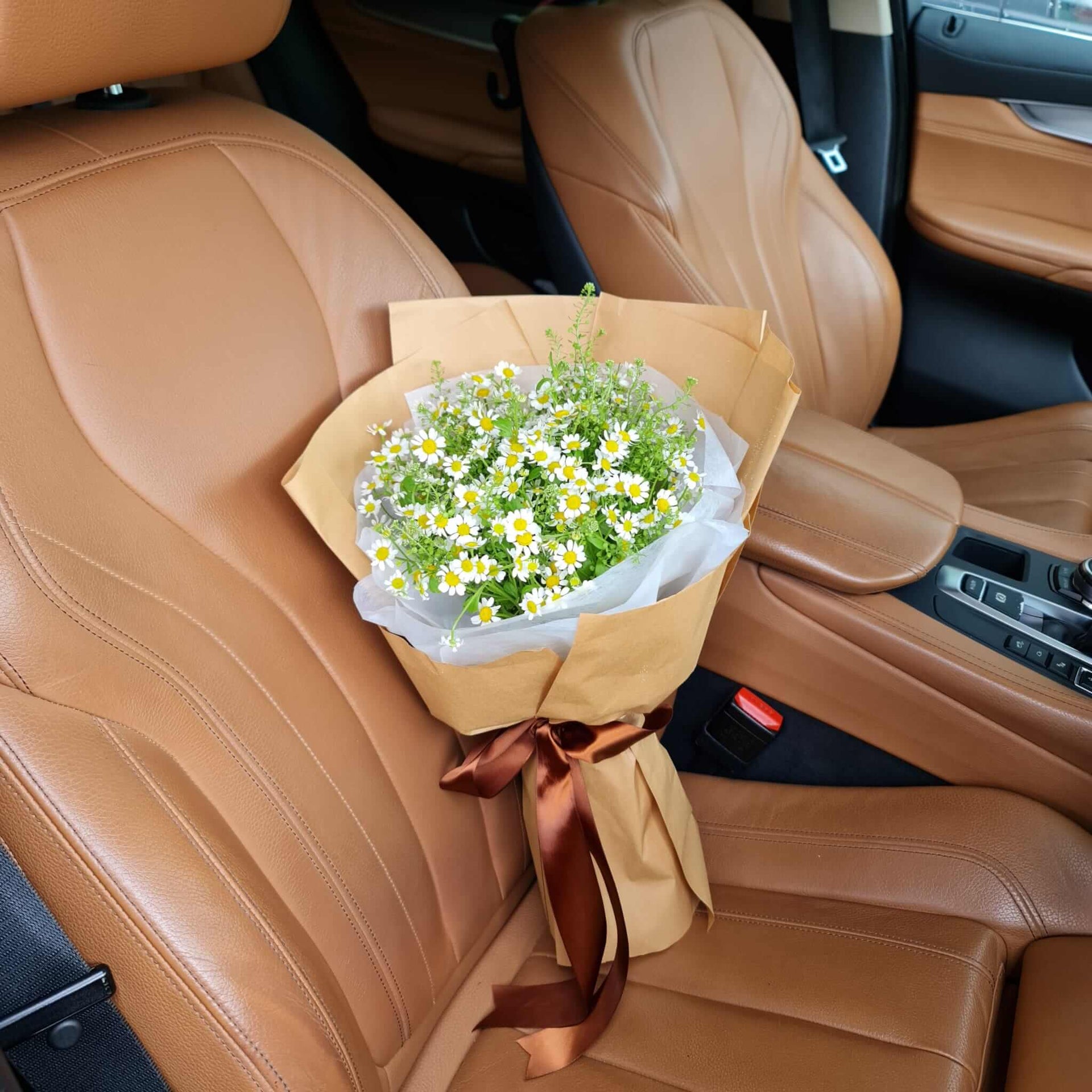 Serenity Charmomile Flower on the car seat