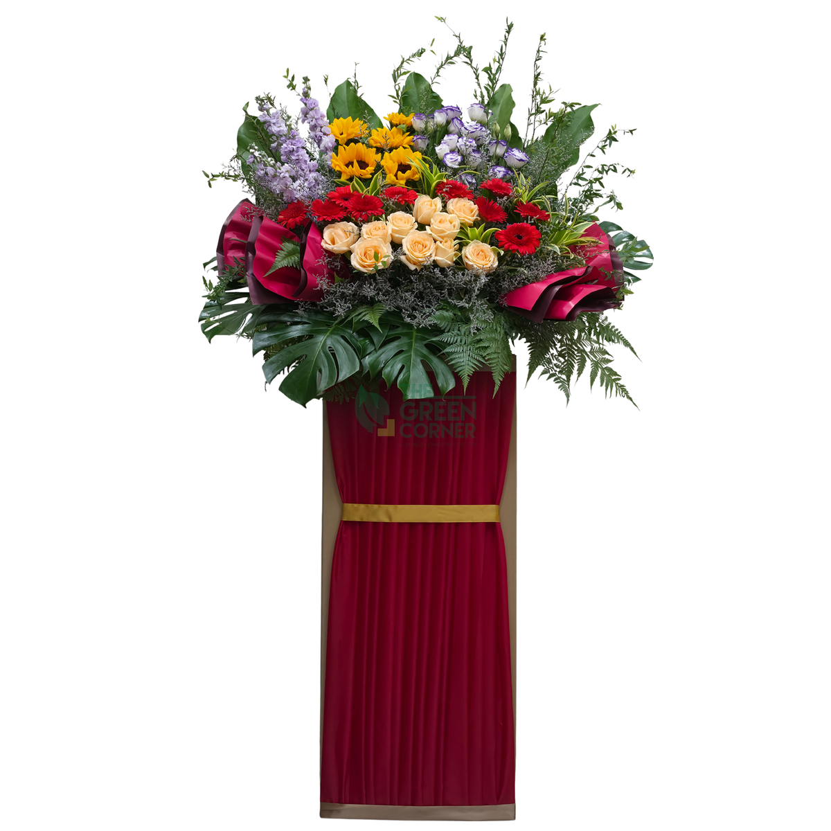 Summit Majesty grand opening flower stand with sunflowers, red gerbera and champagne roses — The Green Corner Singapore