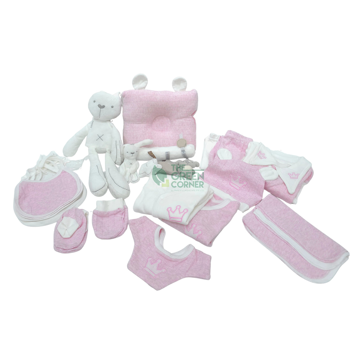 All 22 pieces in the Little Blossom newborn baby girl hamper laid out