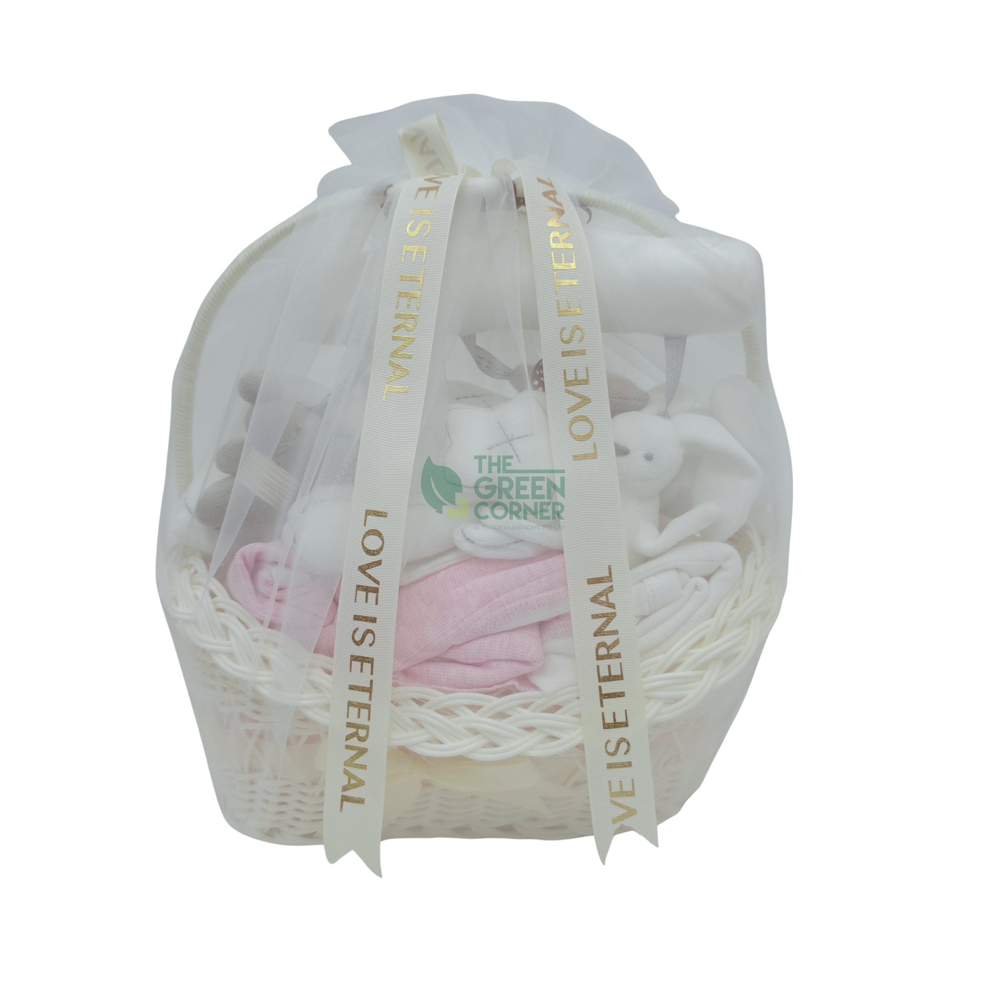 Little Blossom baby girl hamper gift-wrapped in ribbon, ready for delivery