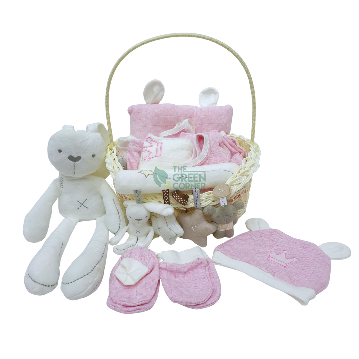 Little Blossom newborn baby girl hamper in a keepsake basket with plush bear — The Green Corner Singapore