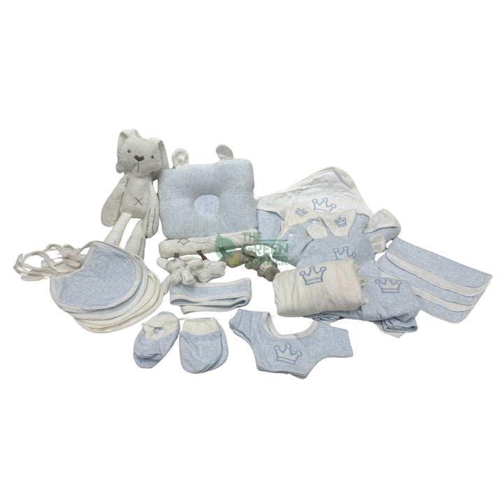 All 22 pieces in the Little Sprout newborn baby boy hamper laid out